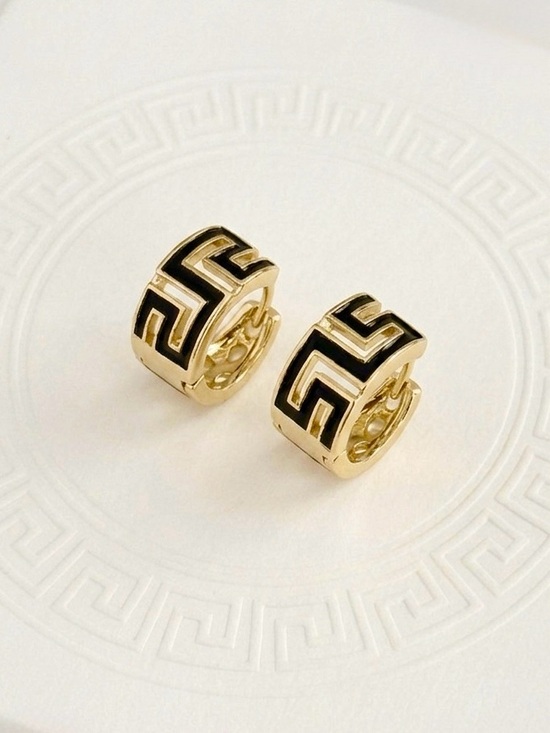 SC JEWELRY Jewelry - 14K Gold Plated Black Enamel Greek Key Huggie Hoop Earrings | Meander Design
